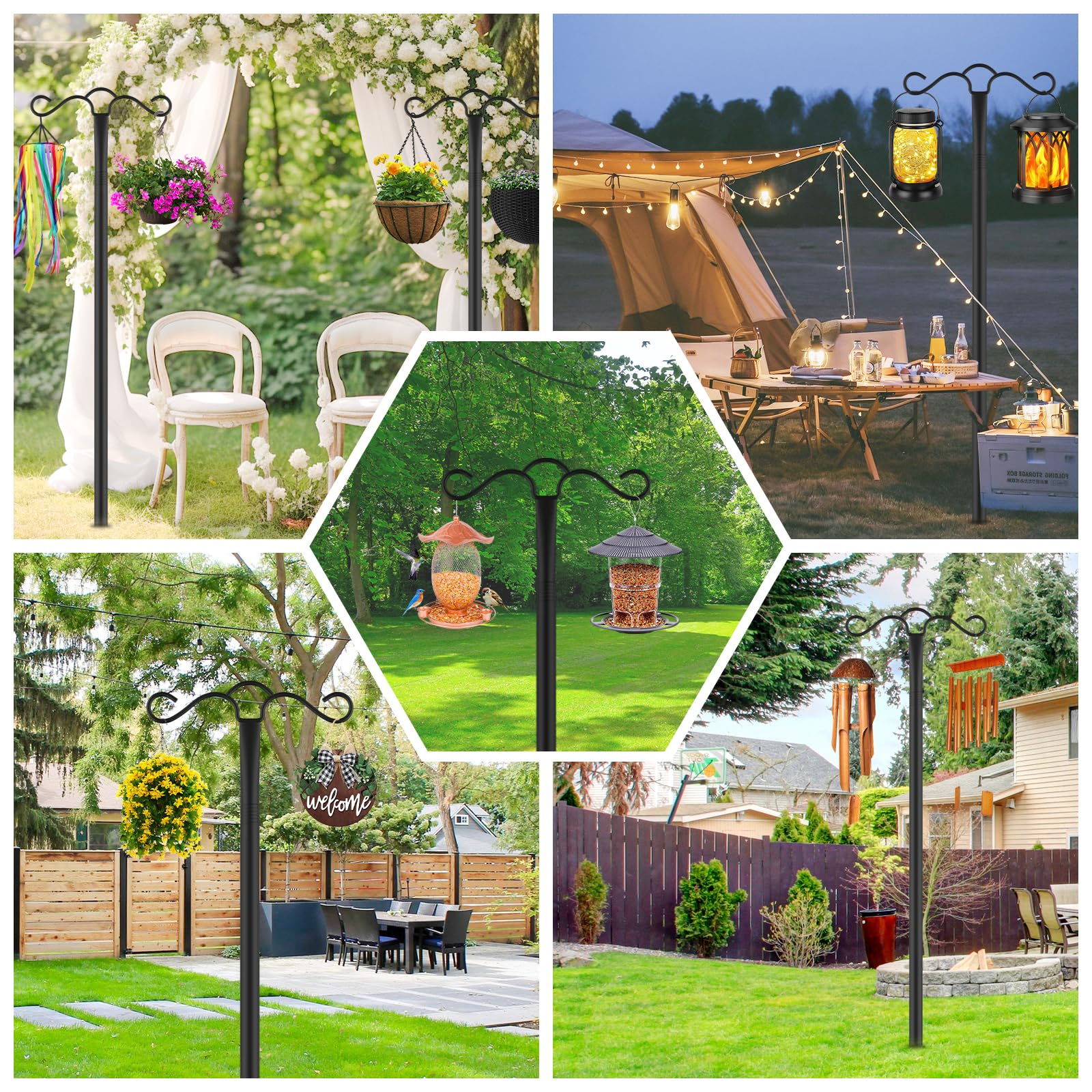 SINLEY double-arm top design hook showcases lanterns and plants.