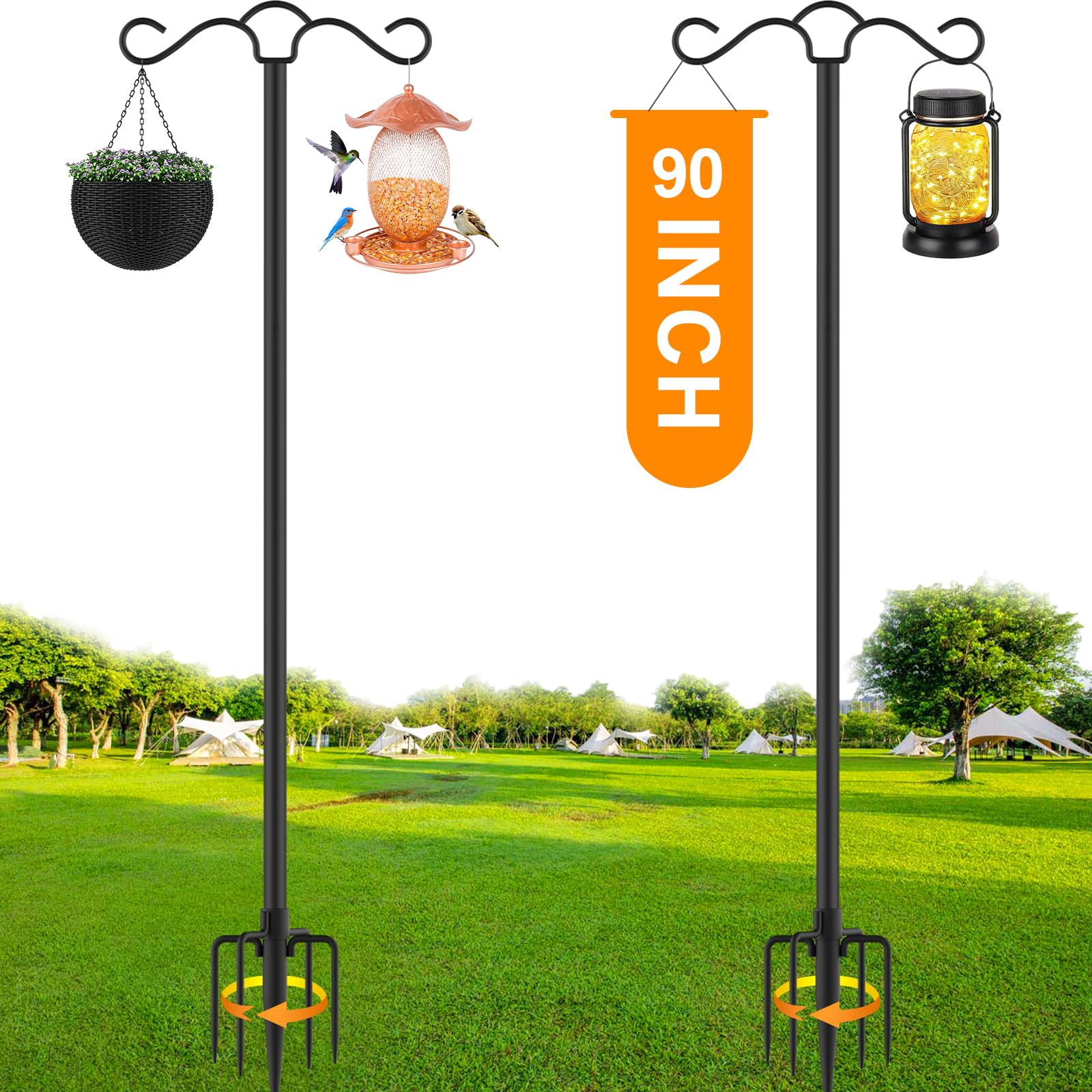 SINLEY two-pack 90-inch double shepherds hook ideal for bird feeders and lanterns.