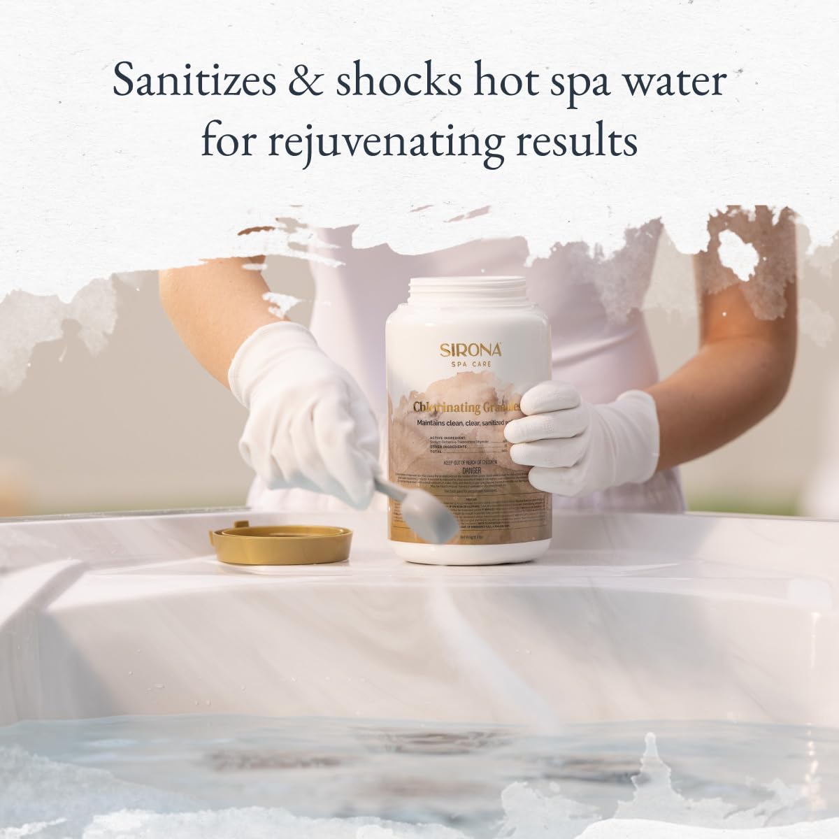 Sirona chlorinating granules ready for shock treatment to refresh spa water.