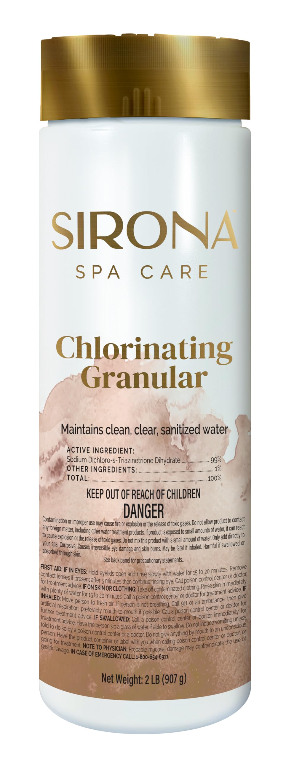 Sirona chlorinating granules being poured into a spa bottle for steady sanitization.