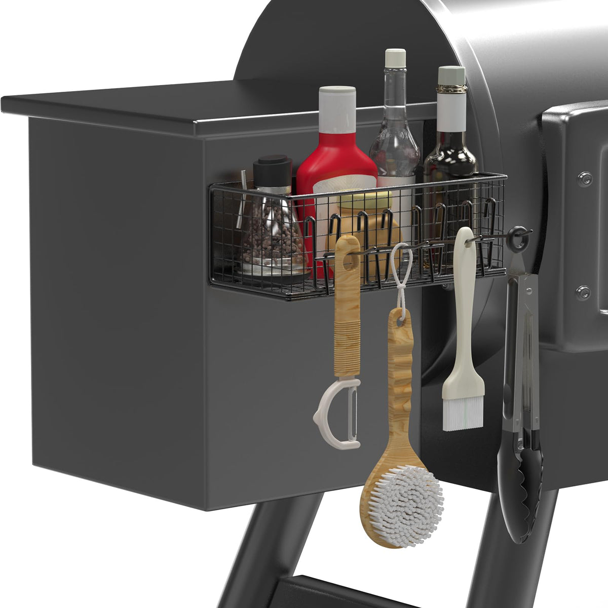 Sirozi magnetic storage bin on grill keeps tools within reach during grilling.