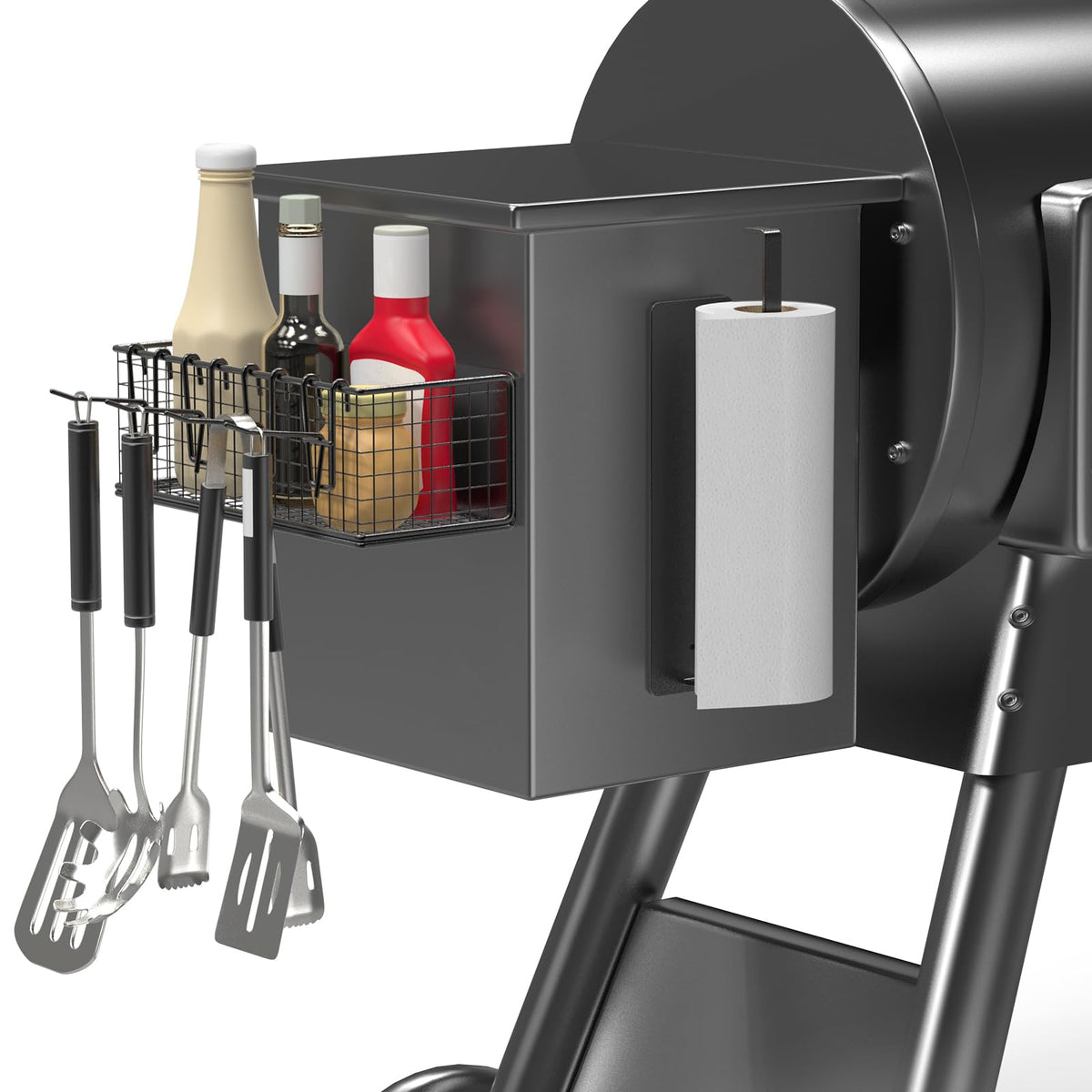 Sirozi magnetic storage bin with paper towel holder on grill for easy access.