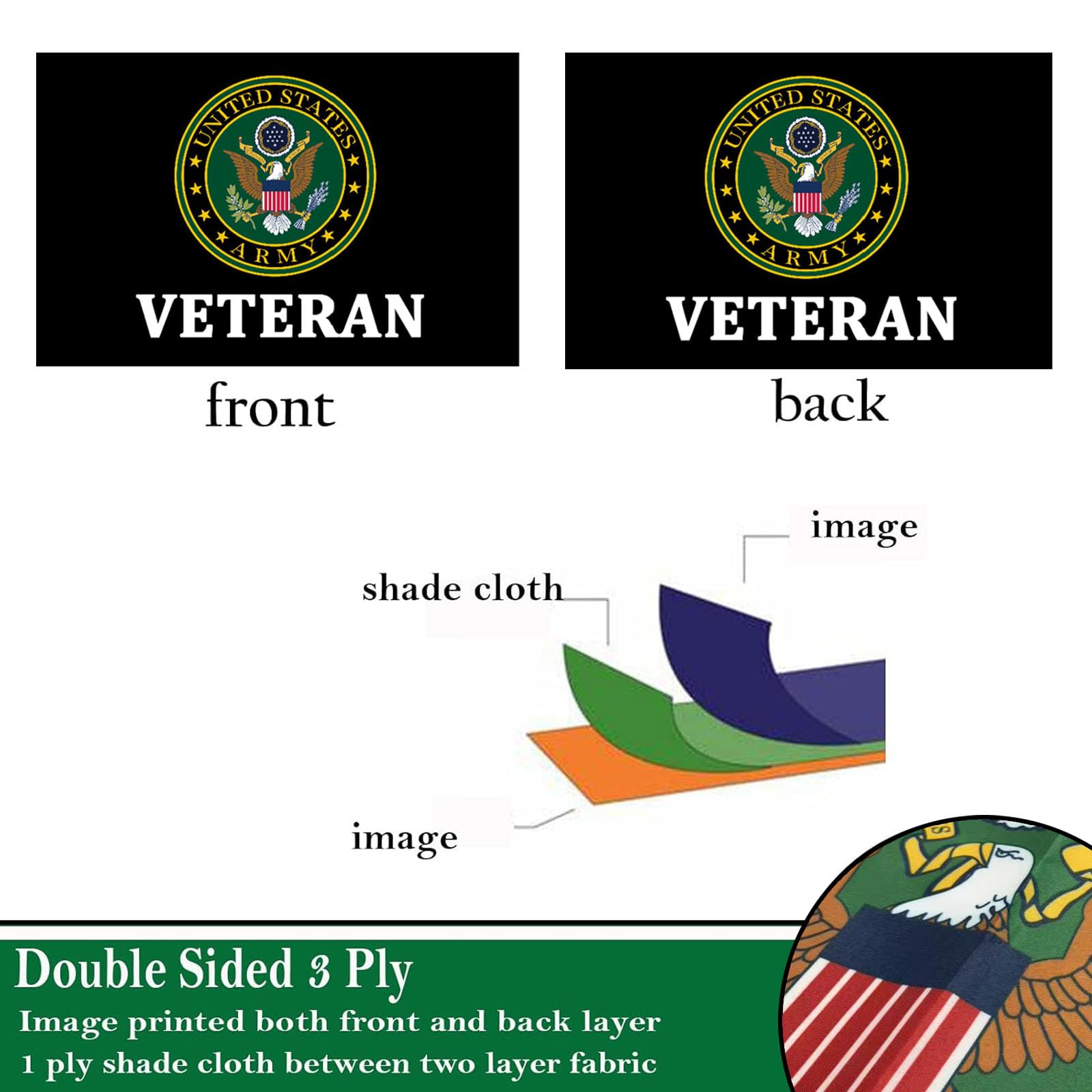 Sirrail Army Veteran Emblem Flag 3x5 back double-sided design for symmetrical viewing.