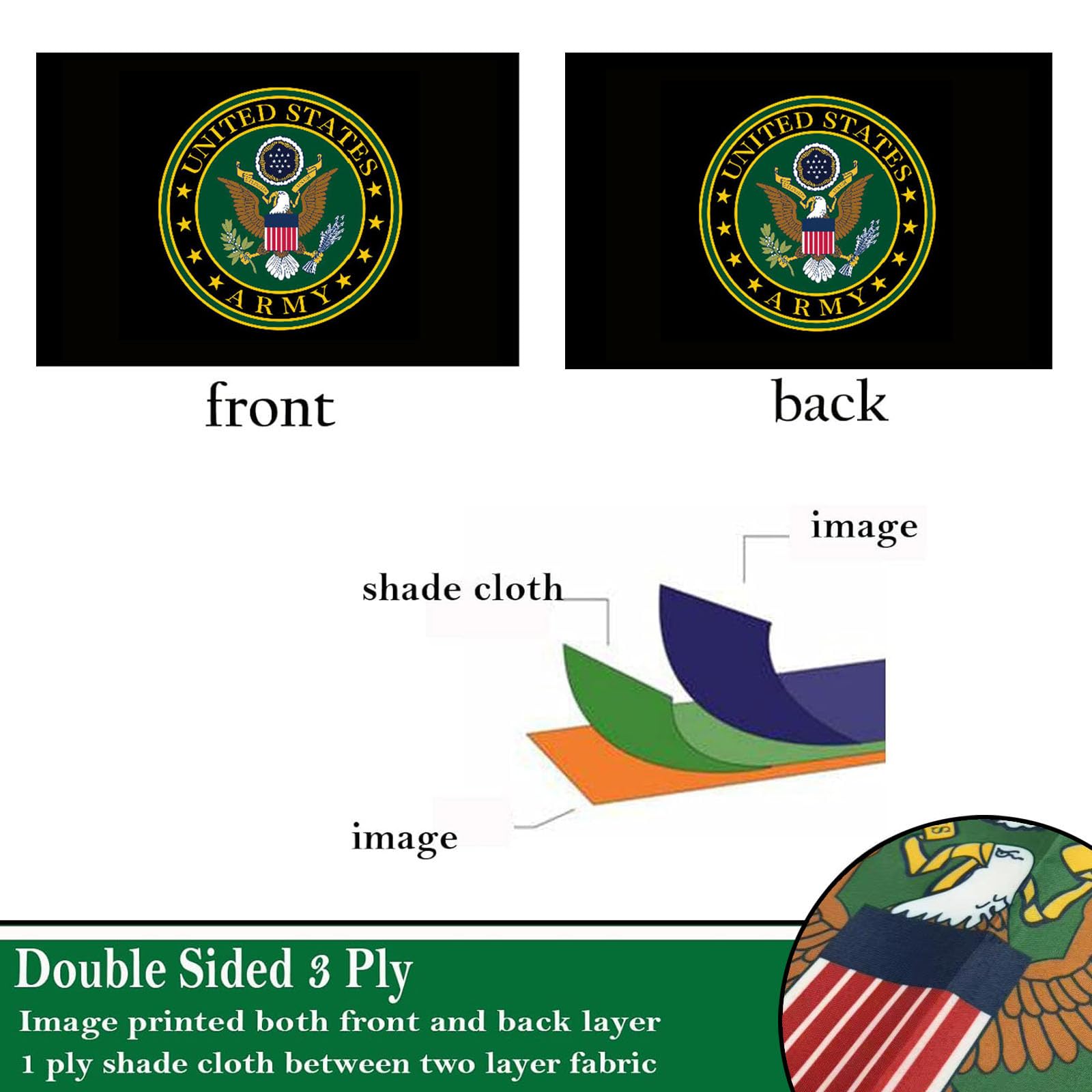 Sirrail US Army Crest flag back view, readable from both sides outdoors.