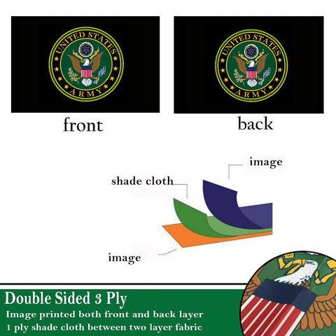 Sirrail US Army Crest flag back view, readable from both sides outdoors.