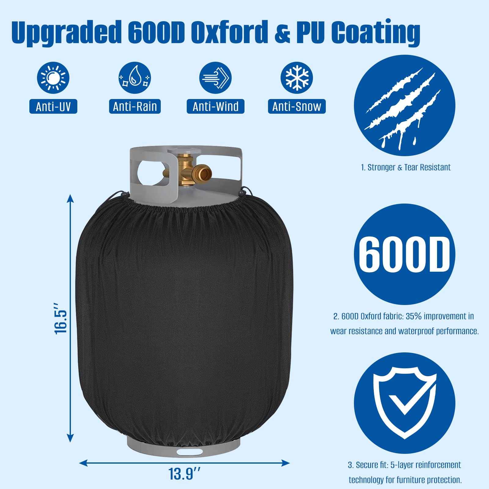 Siruiton propane tank cover shows quick-adjust drawstring top for fast setup.
