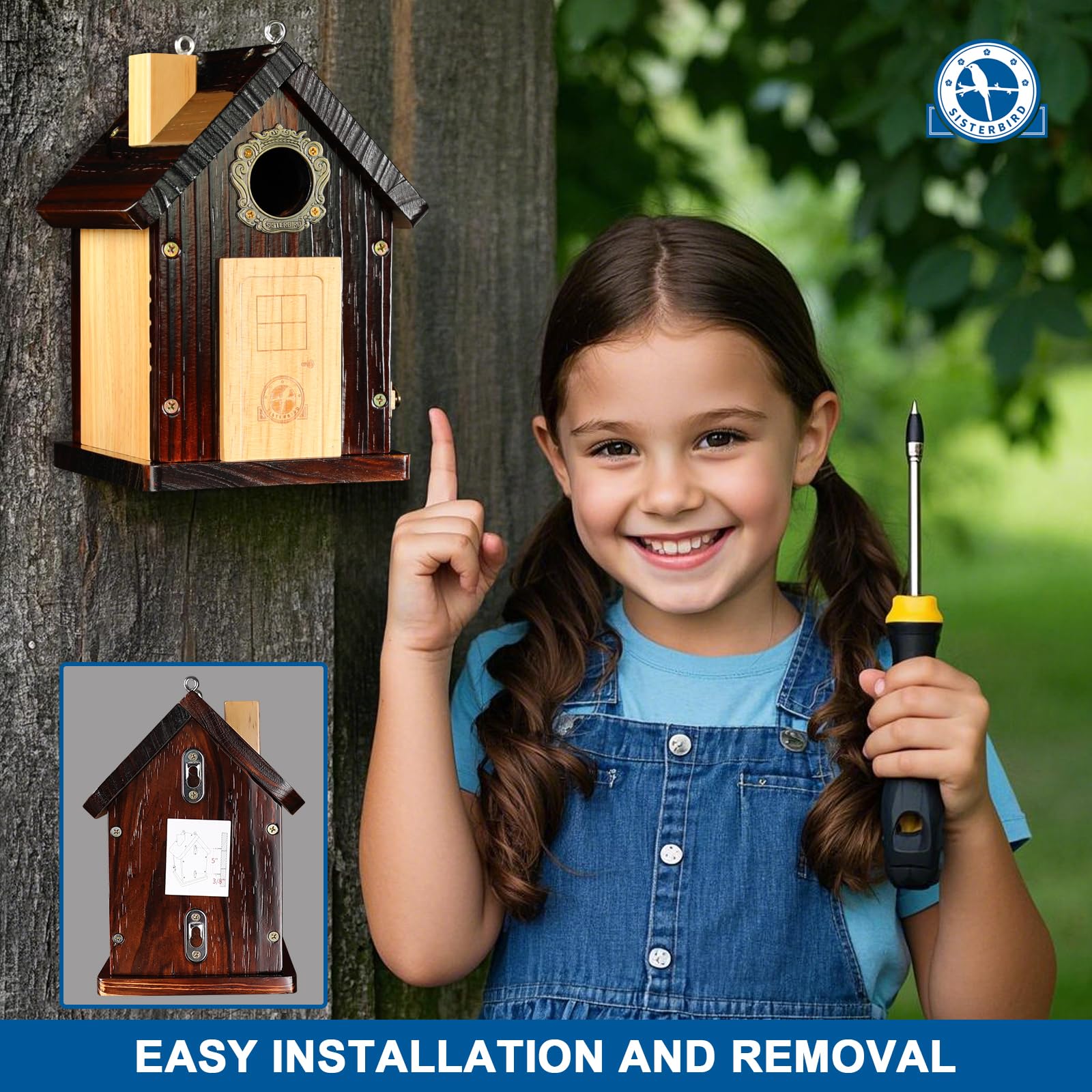 SISTERBIRD bluebird house easy to fix on wall or tree.