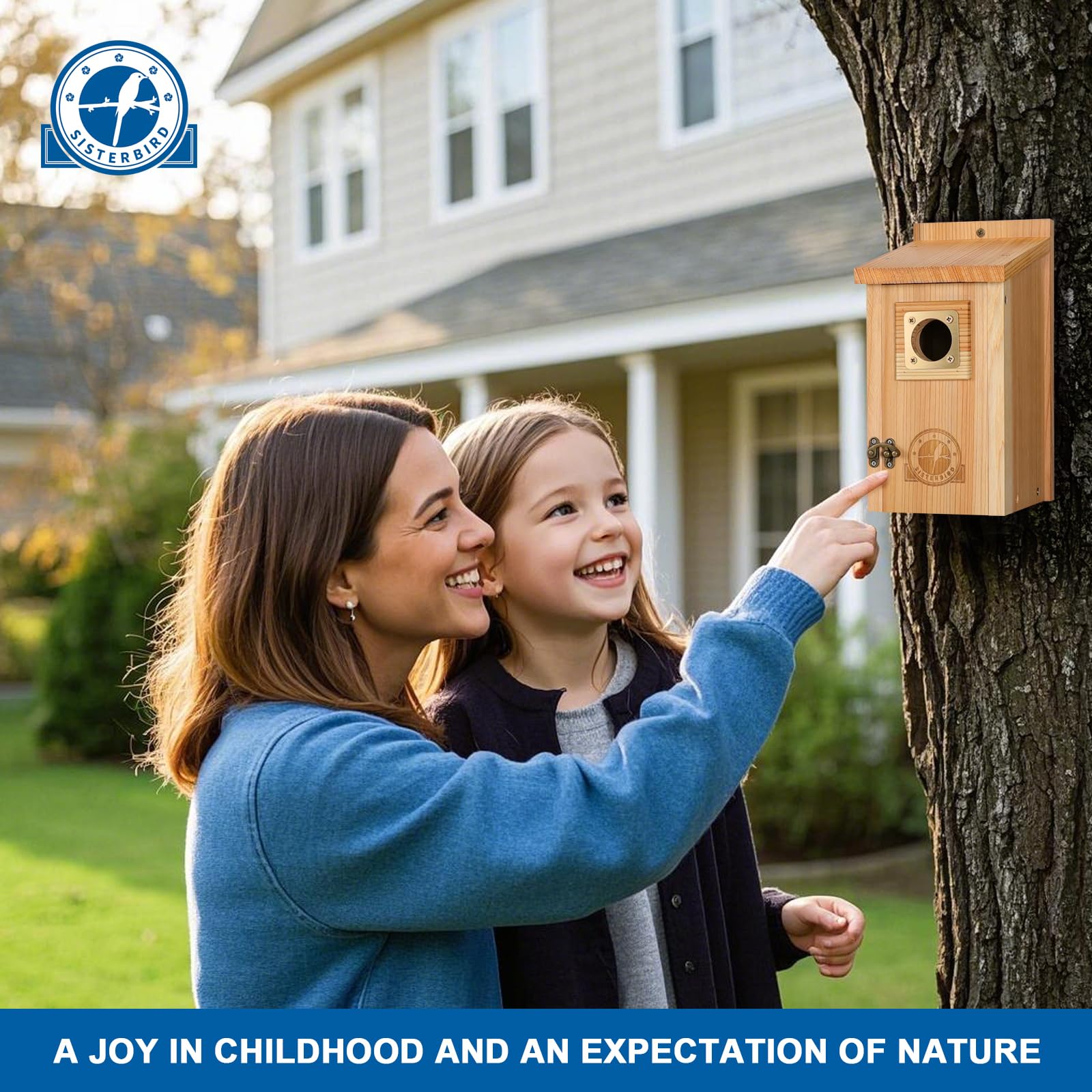 SISTERBIRD cedar bird house easy-clean front door for seasonal reuse.