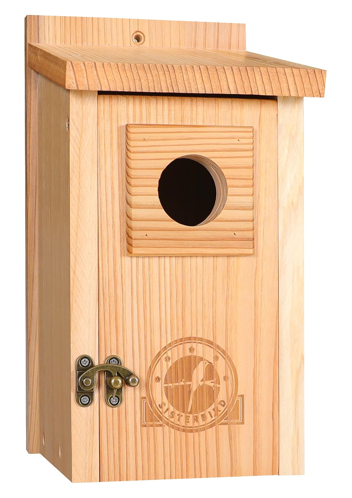 SISTERBIRD cedar bird house with entrance hole attracts bluebirds and wrens for nesting.