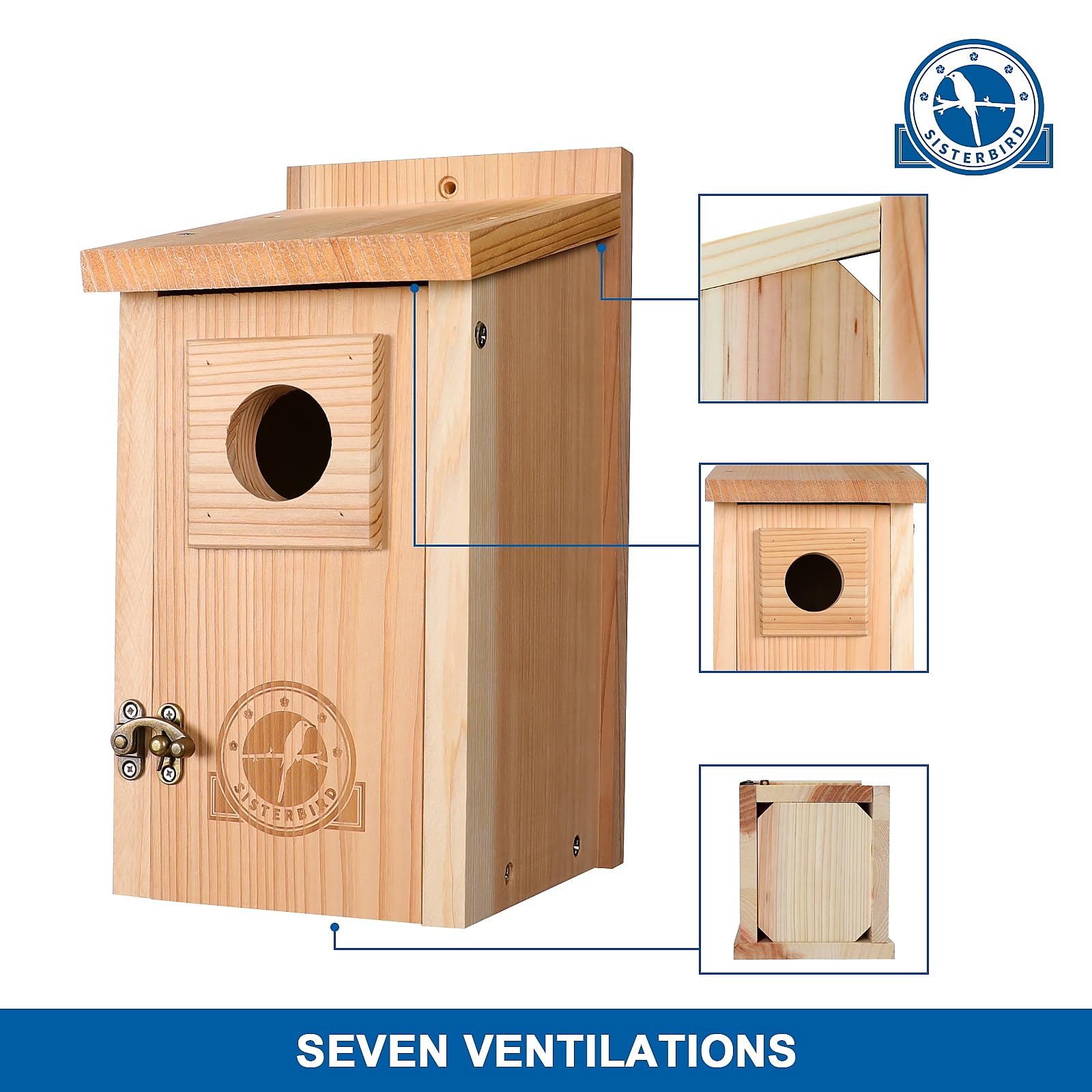 SISTERBIRD outdoor-hanging bird house mounted on a post in a garden.