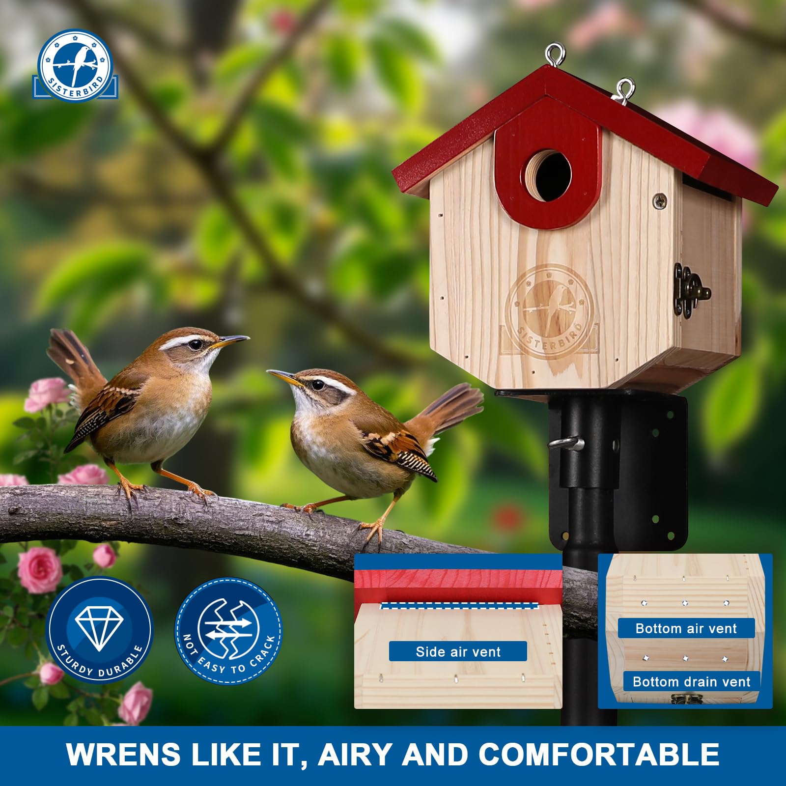 SISTERBIRD cedar outdoor bird house mounted on pole provides natural insulation.