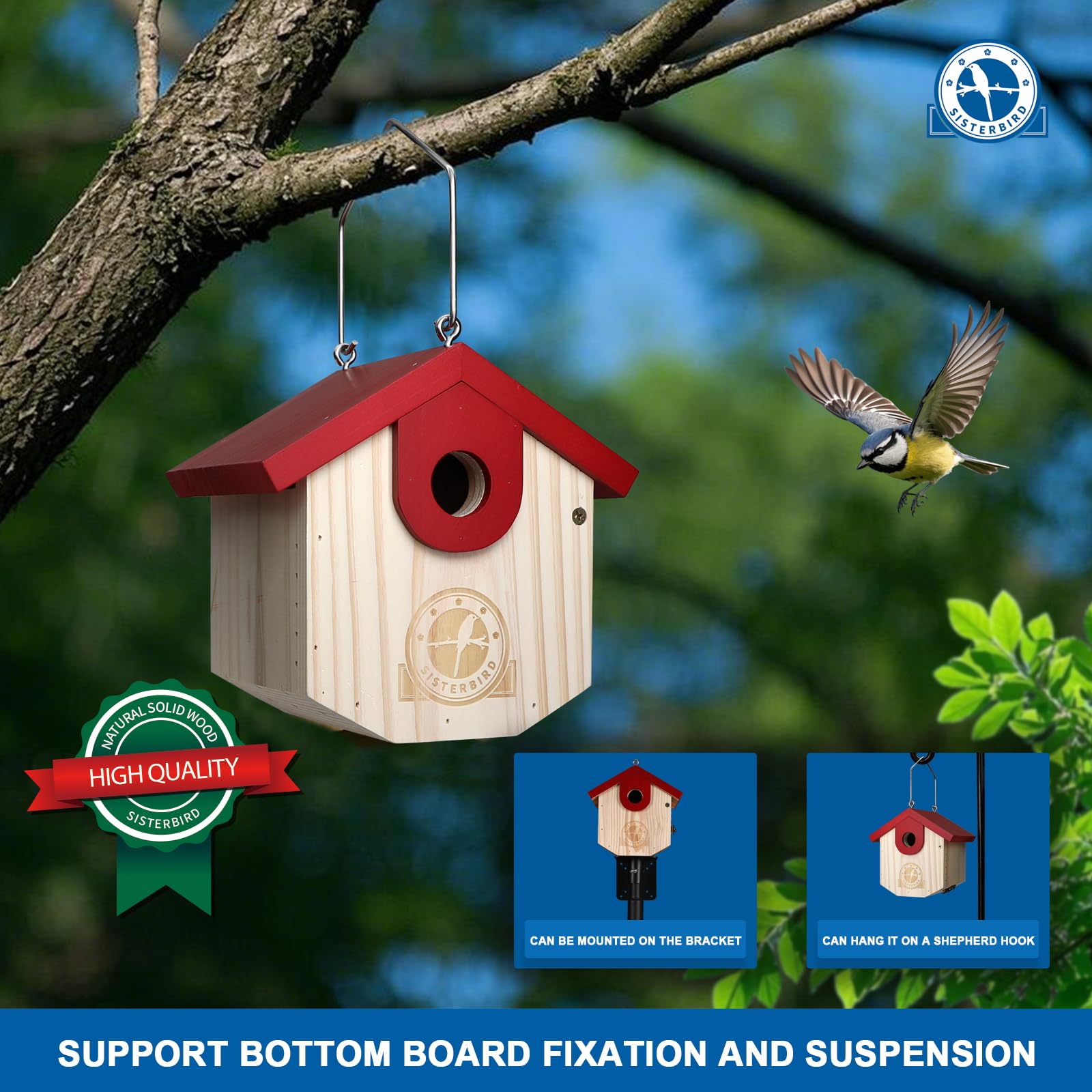 SISTERBIRD one-and-one-eighth-inch entrance hole keeps small songbirds safe.