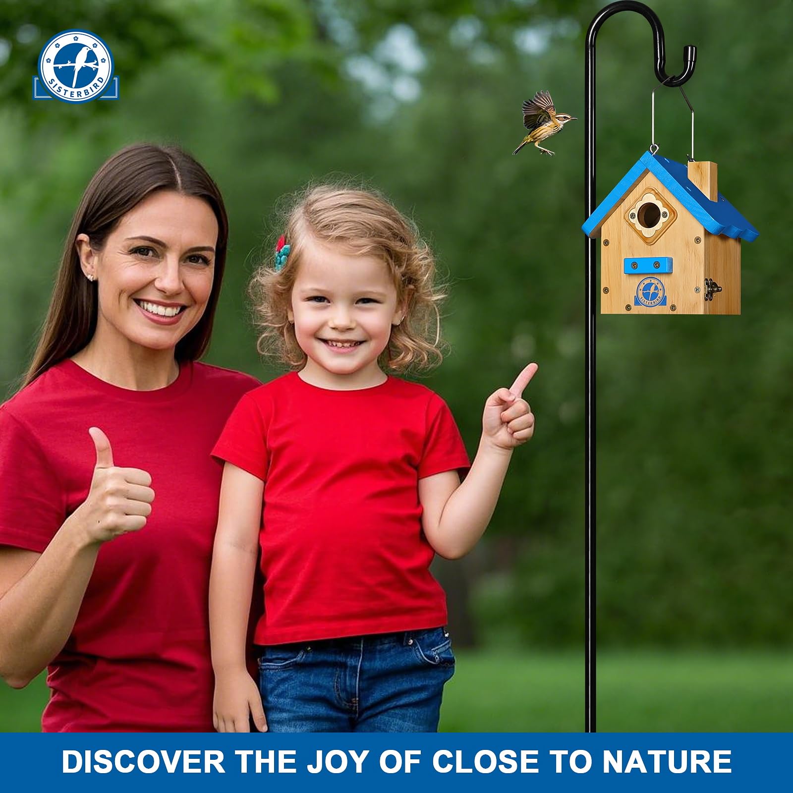 SISTERBIRD premium wooden bird house showcases durable weatherproof coating for year-round use.