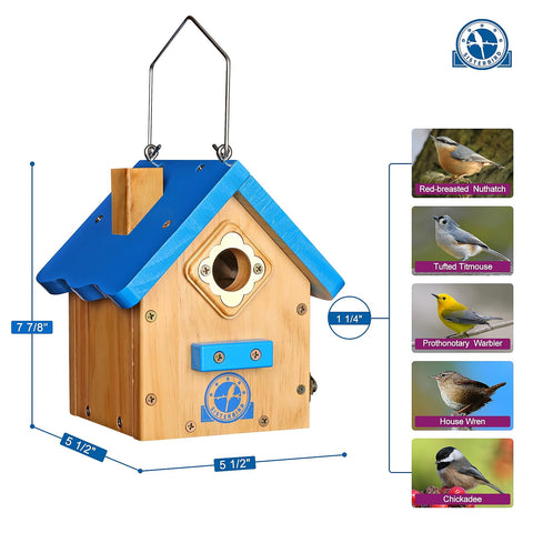 SISTERBIRD blue-roof bird nest box adds charm while protecting nests from rain.
