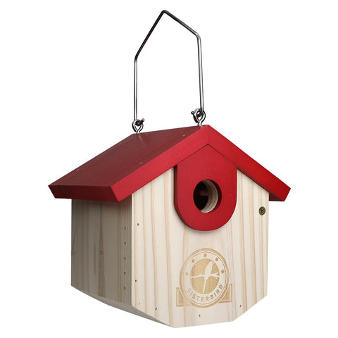 SISTERBIRD Wren bird house hanging in tree for safe outdoor nesting and easy monitoring.