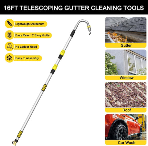 SISUPASSIE telescoping reach extension enables safer ladder-free gutter cleaning from ground.
