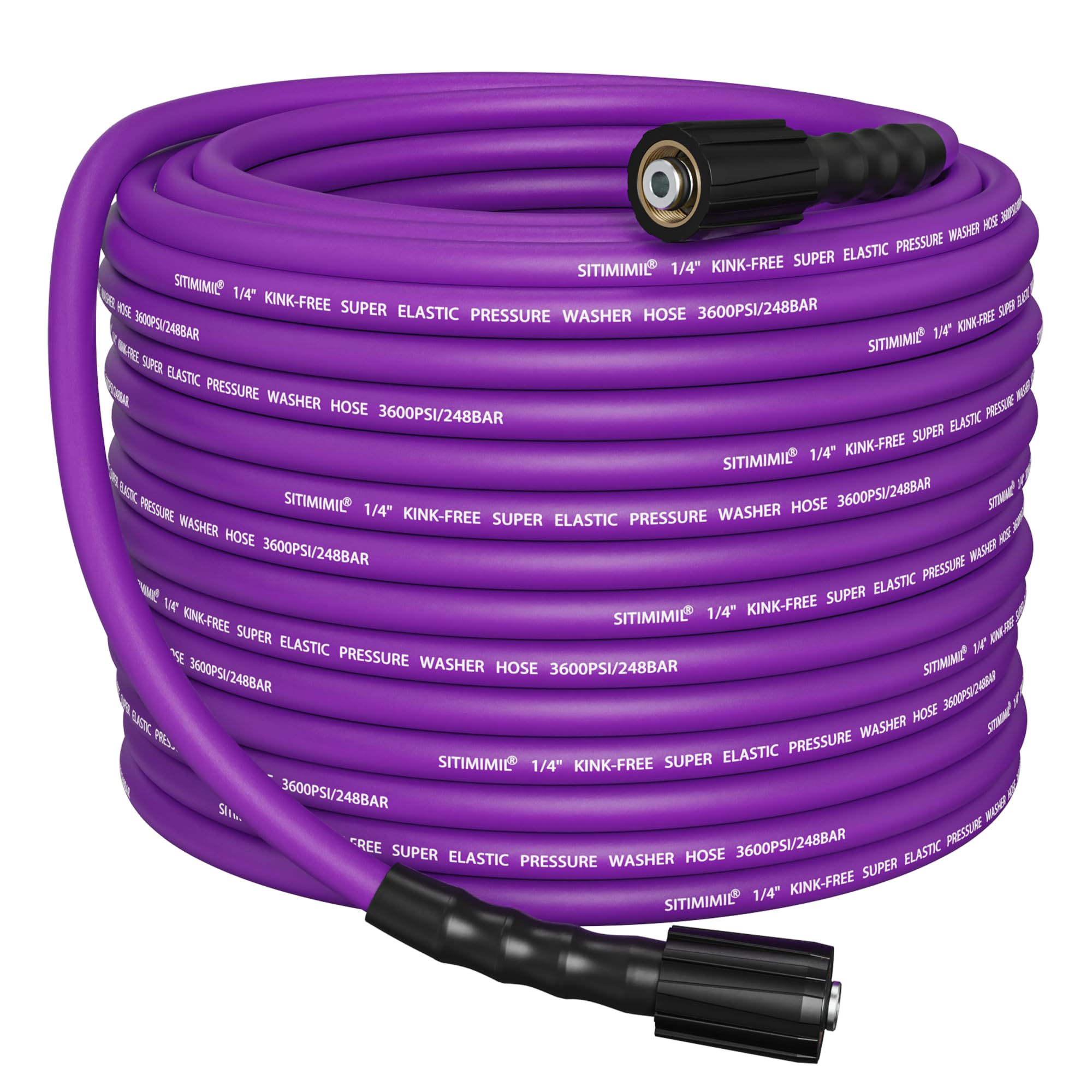 SITIMIMIL kink-resistant 50ft hose coiled for easy storage and smooth rewinding.
