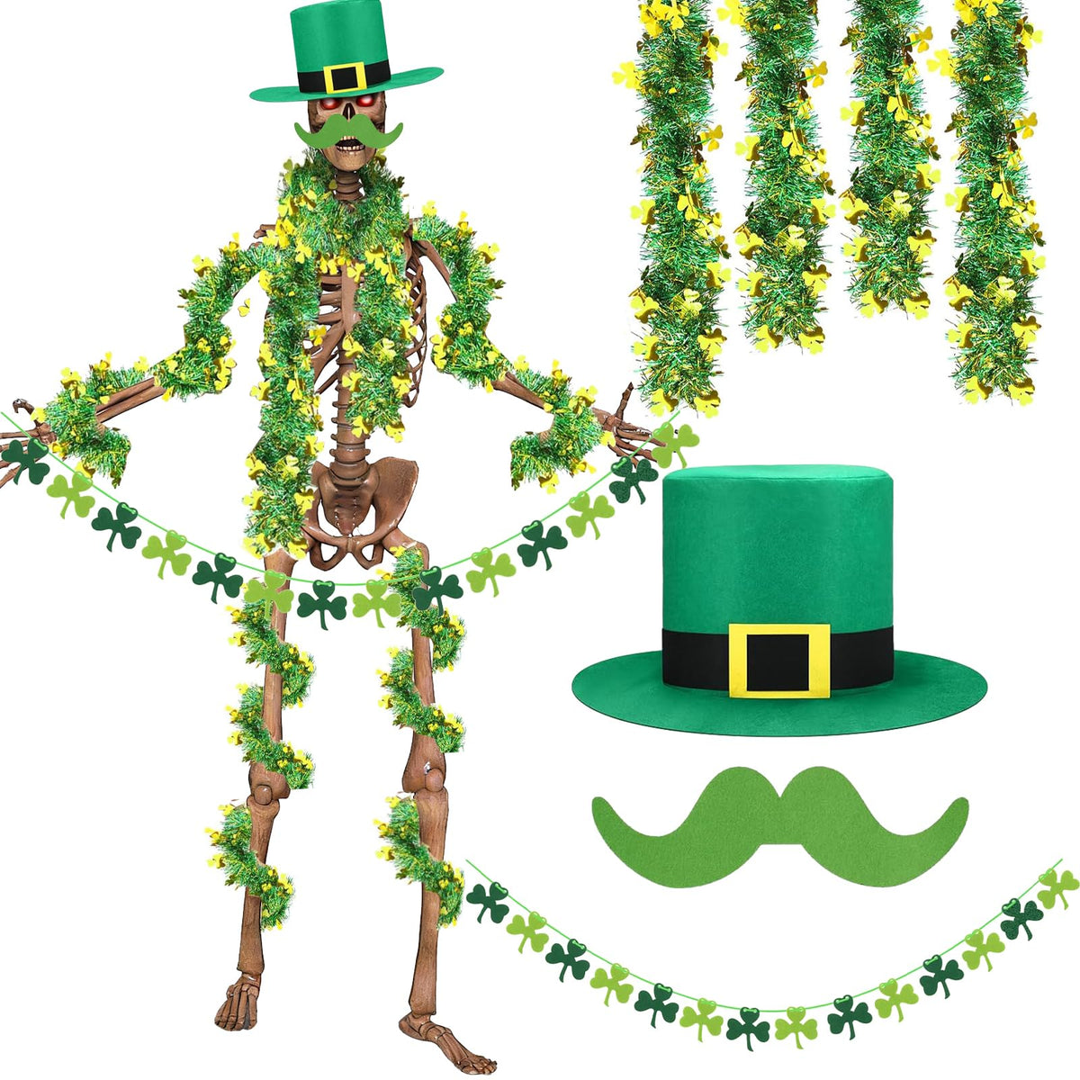 Sitroasho 12ft skeleton wearing top hat and beard for festive St. Patrick's Day display.