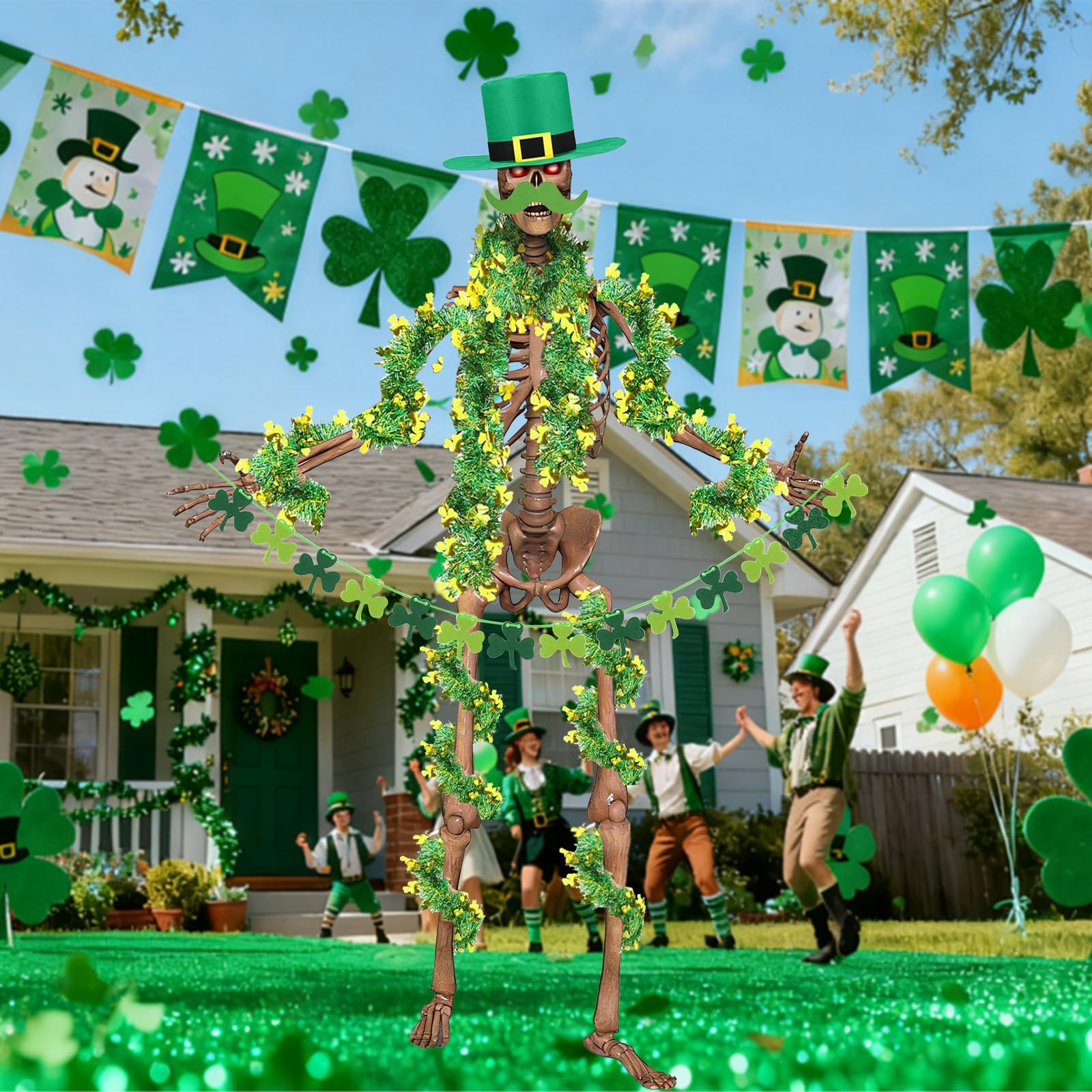 Sitroasho shamrock banner necklace on skeleton for Irish-themed decor.