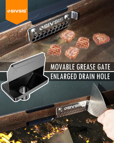 Sivsis Blackstone-compatible attachment fits multiple griddle sizes.