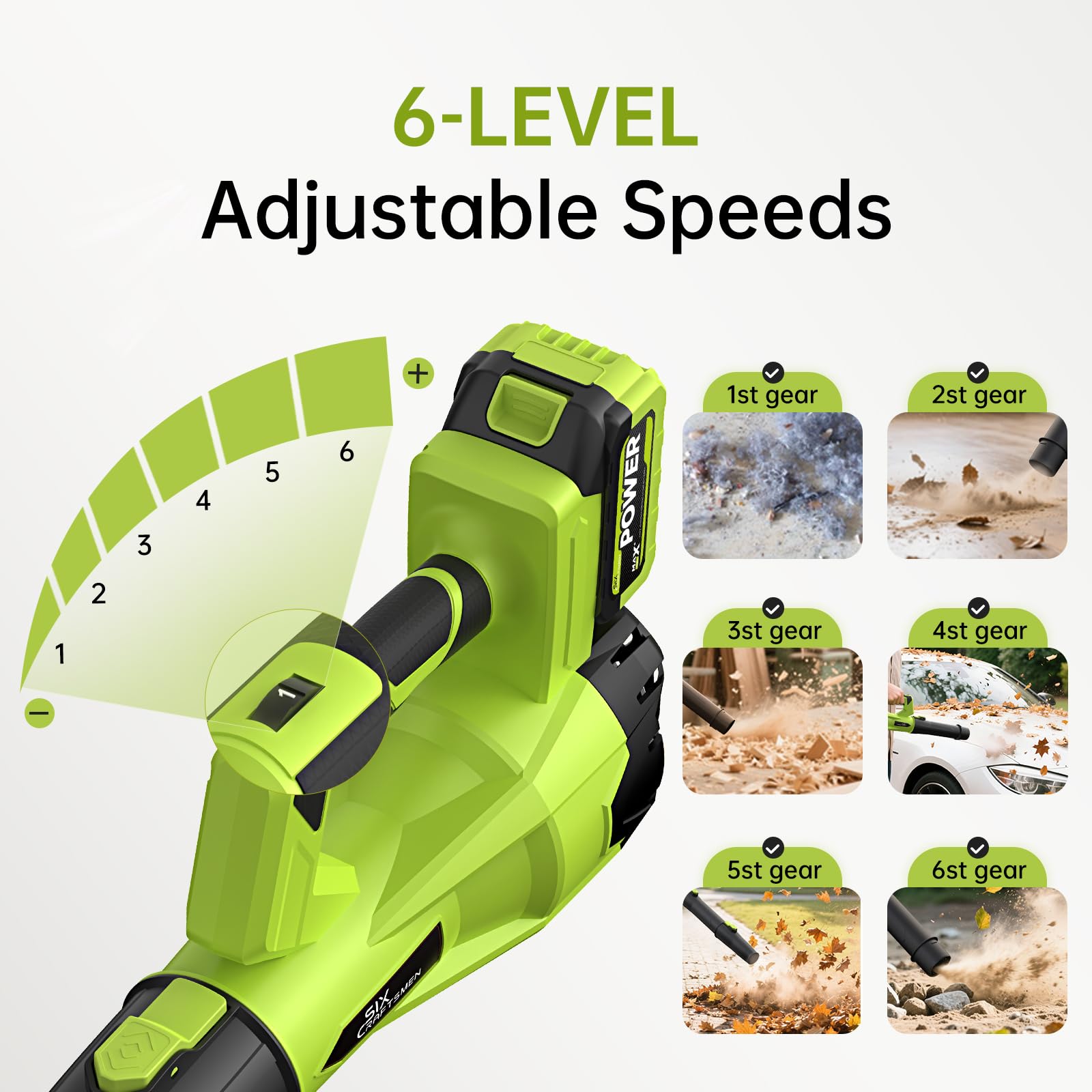 Six Craftsmen Leaf Blower 6-speed dial for precise control.