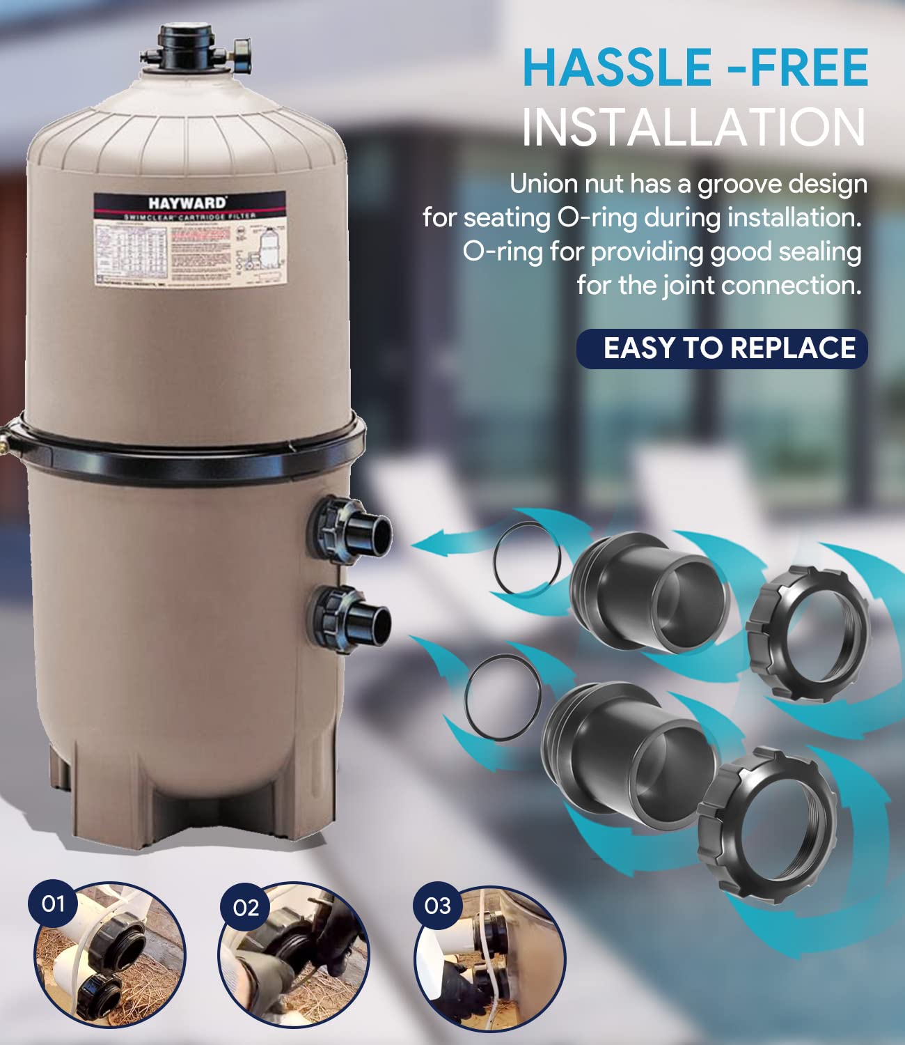 Two-inch connection port compatibility shown for Hayward filter upgrades.