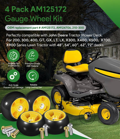 Sixcow gauge wheels mounted on John Deere mower deck for consistent height