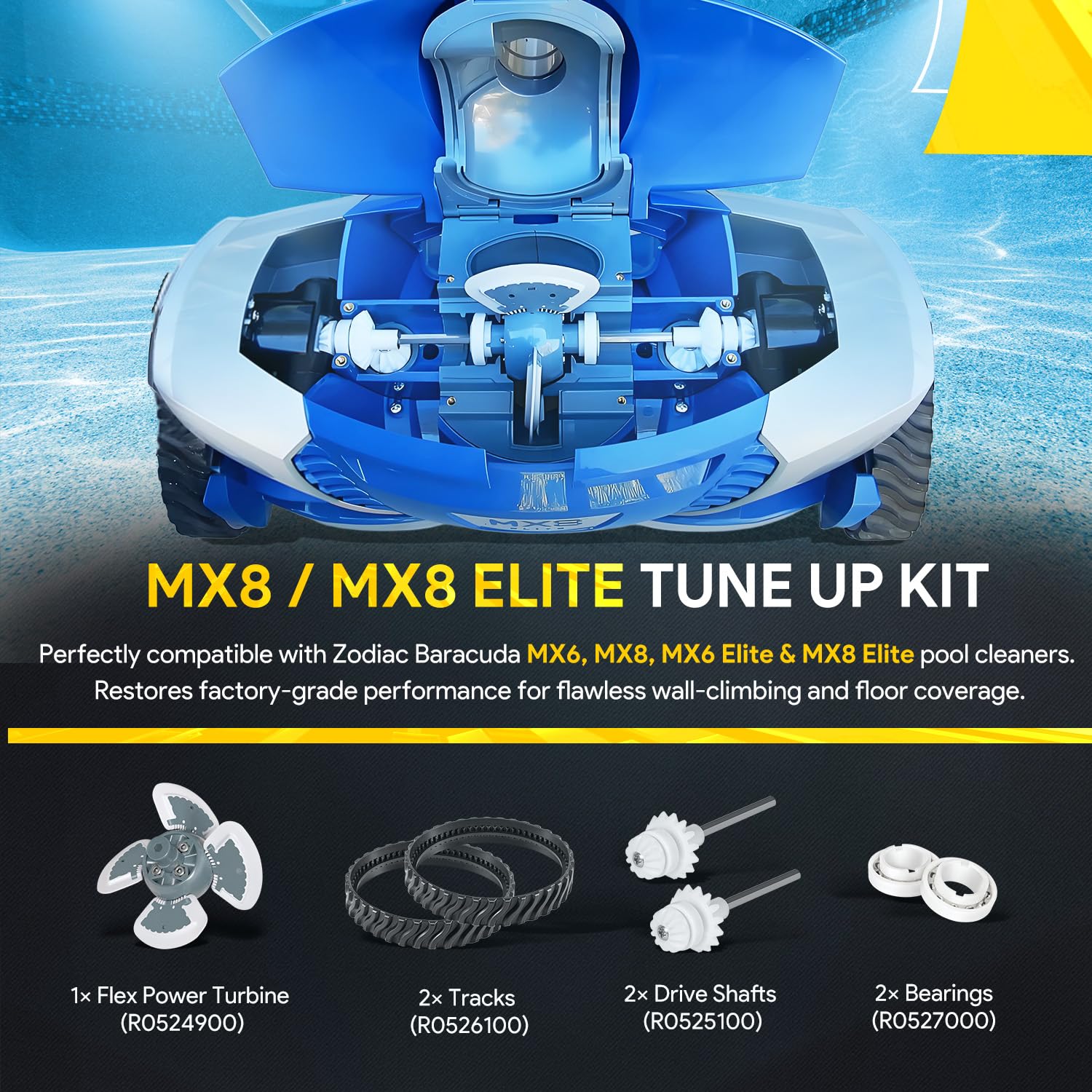 sixcow MX8 Elite kit heavy-duty tracks improve durability for tough pool debris.