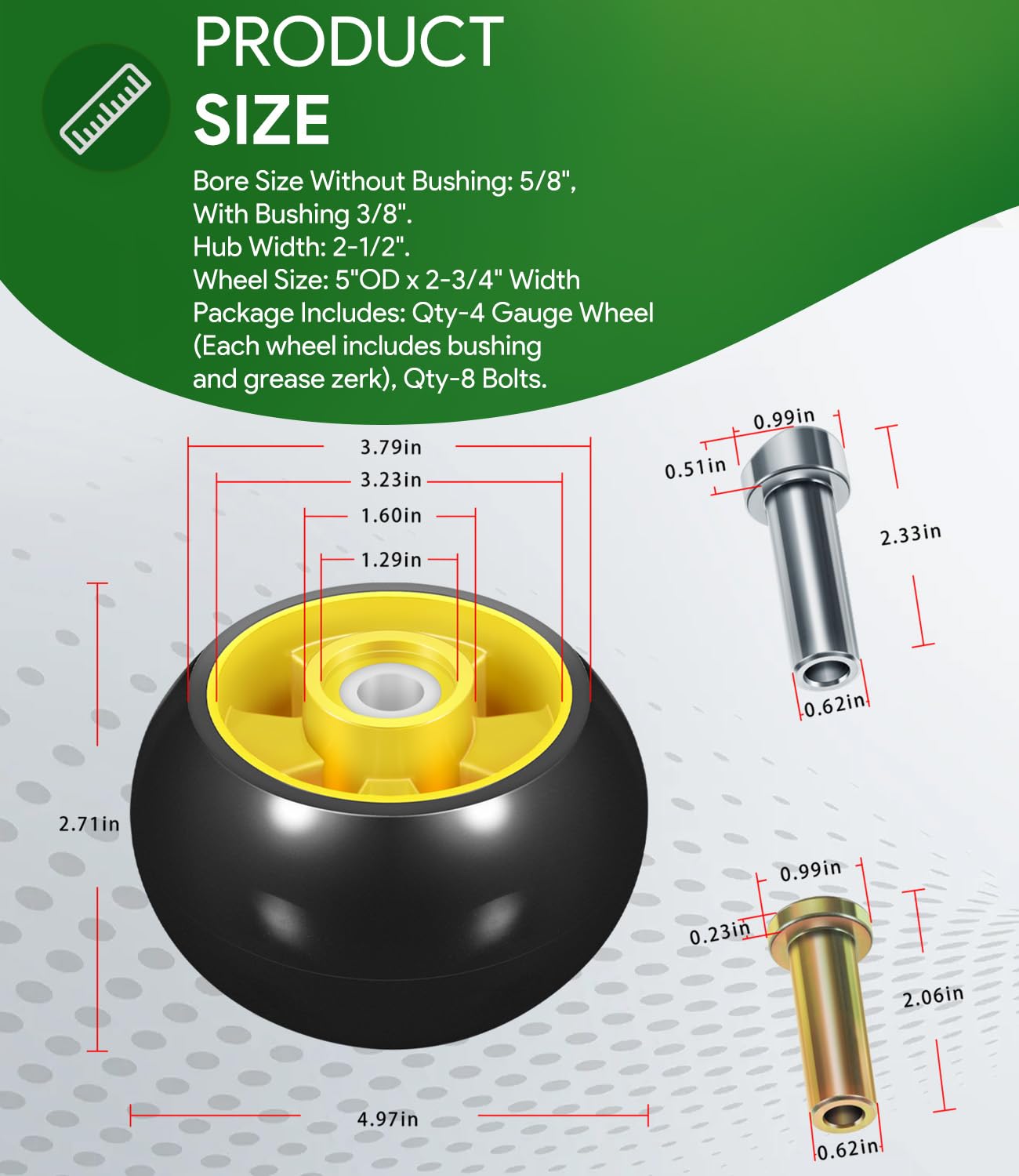 Pack contents show four wheels and eight bolts for setup