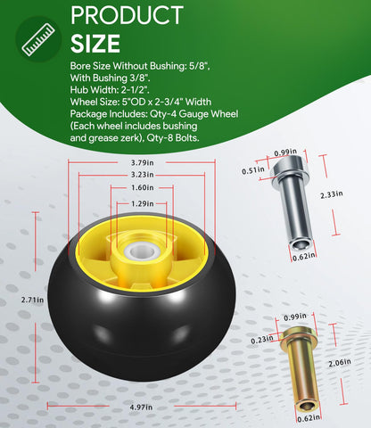 Pack contents show four wheels and eight bolts for setup