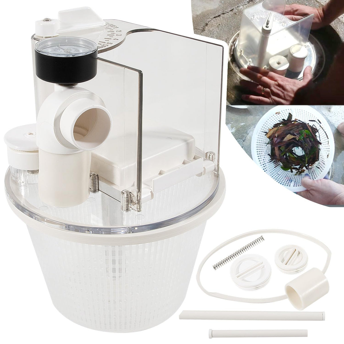 Sixcow Vac-Mate dispenser basket traps debris before the pump for smoother pool cleaning.