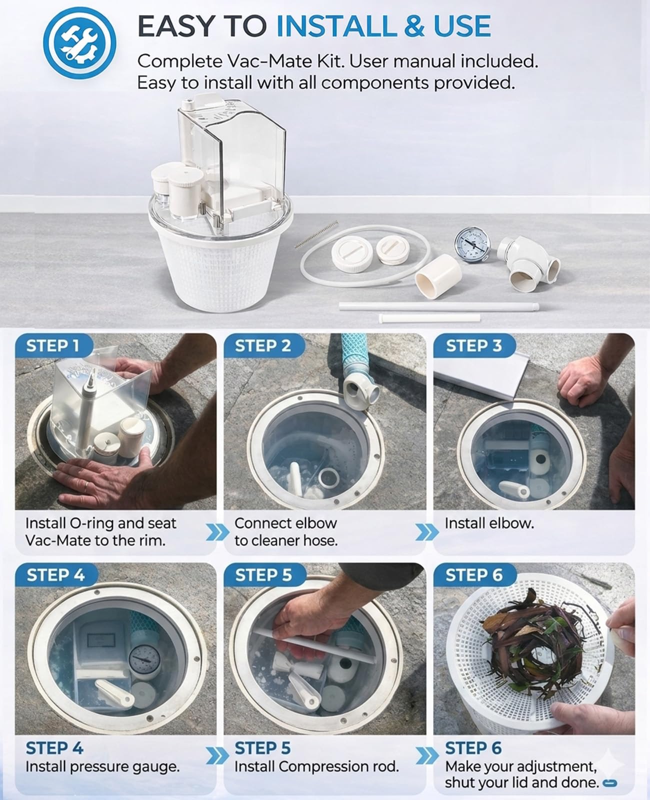 Sixcow control handle setting optimizes suction between cleaner and skimming.