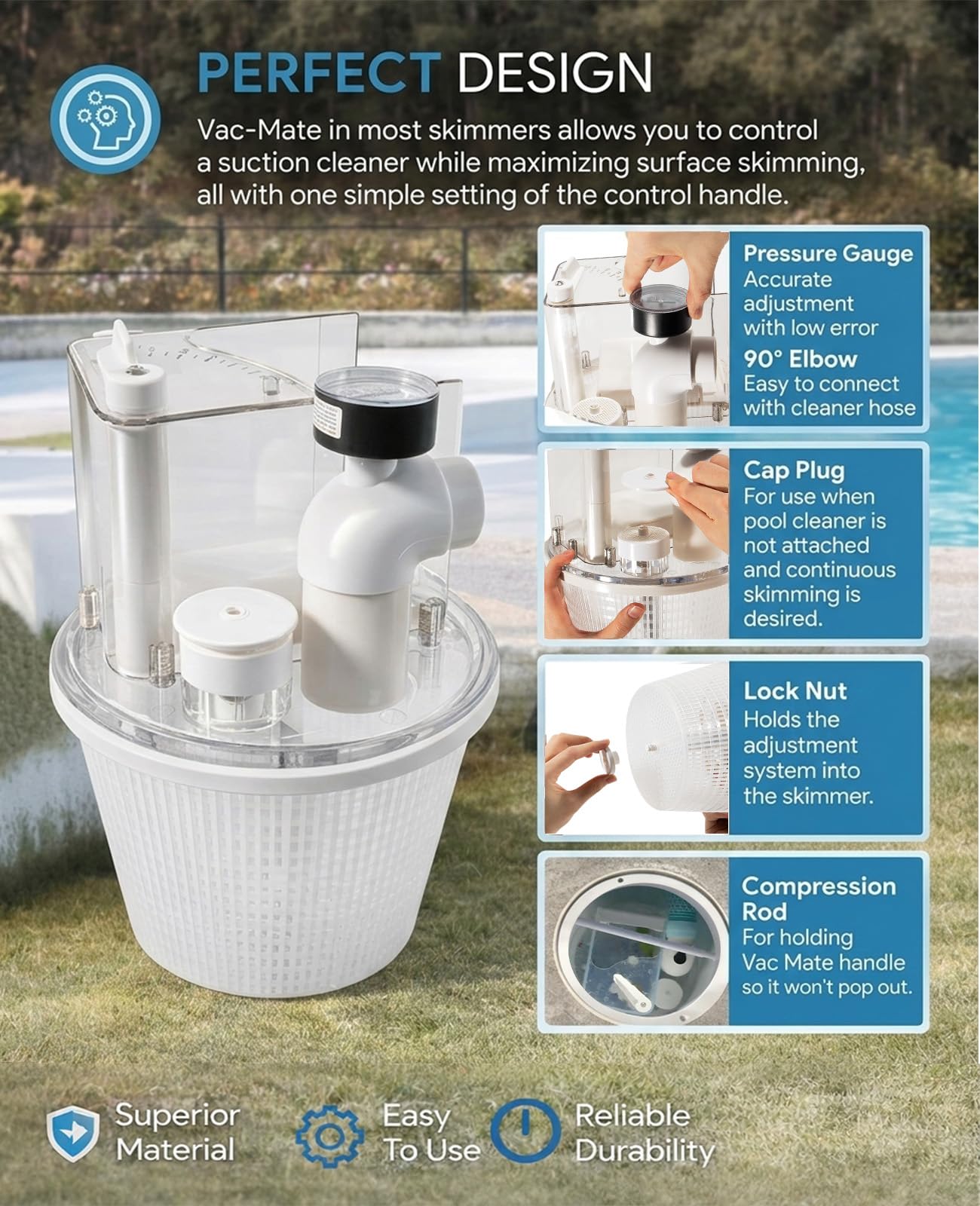 Sixcow Vac-Mate skimmer attachment integrates with many pool brands.