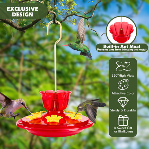 SIXTOYZF hummingbird feeder side view highlights six ports for multiple birds.