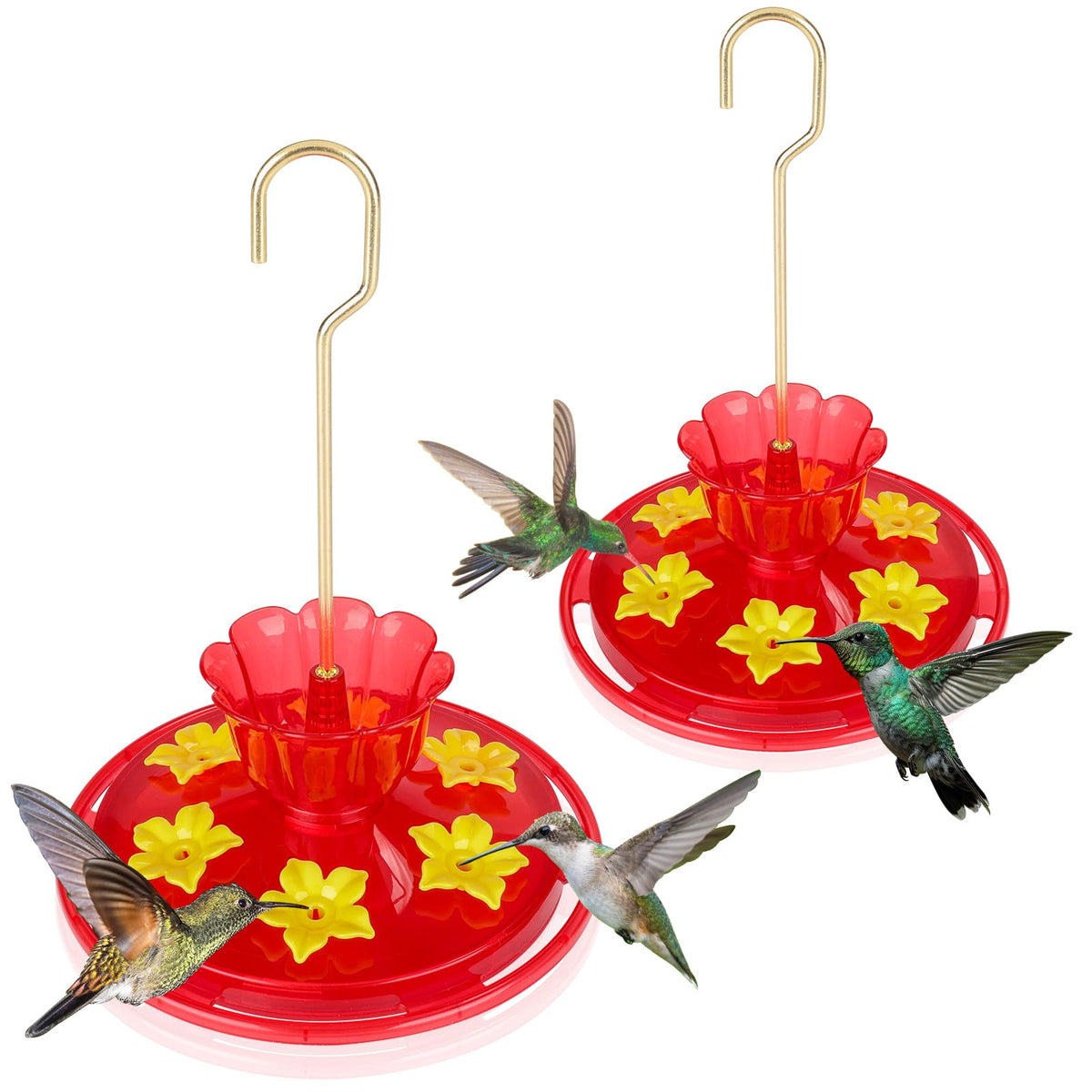 SIXTOYZF plastic hummingbird feeder with six ports attracts multiple hummingbirds.