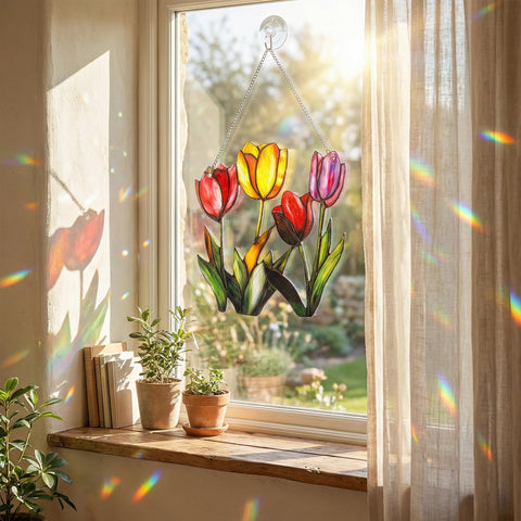 Sizavi Tulip stained-glass wall art brightens a living room with luminous hues