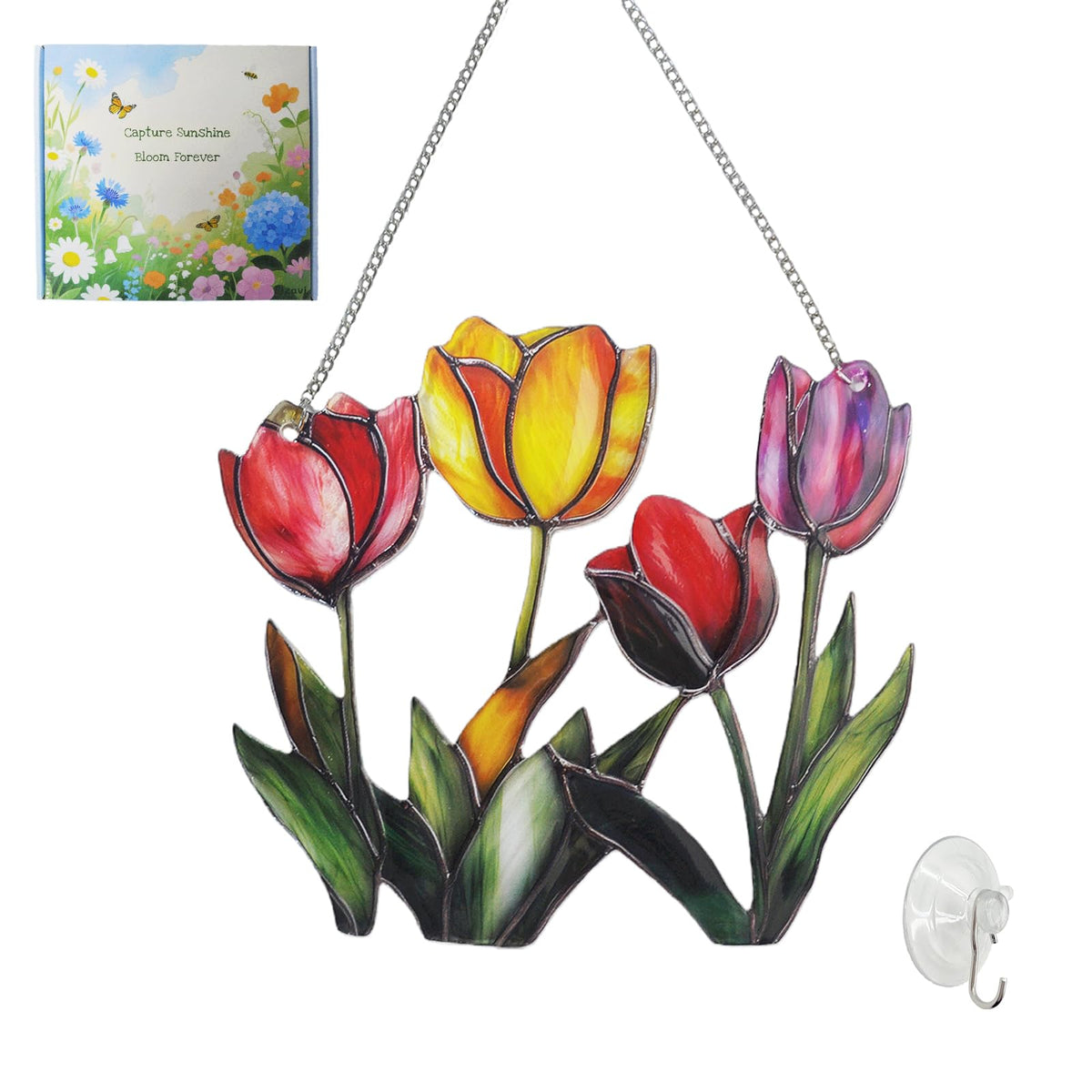 Sizavi Tulip Sun Catcher window hanging close-up with vibrant color reflections