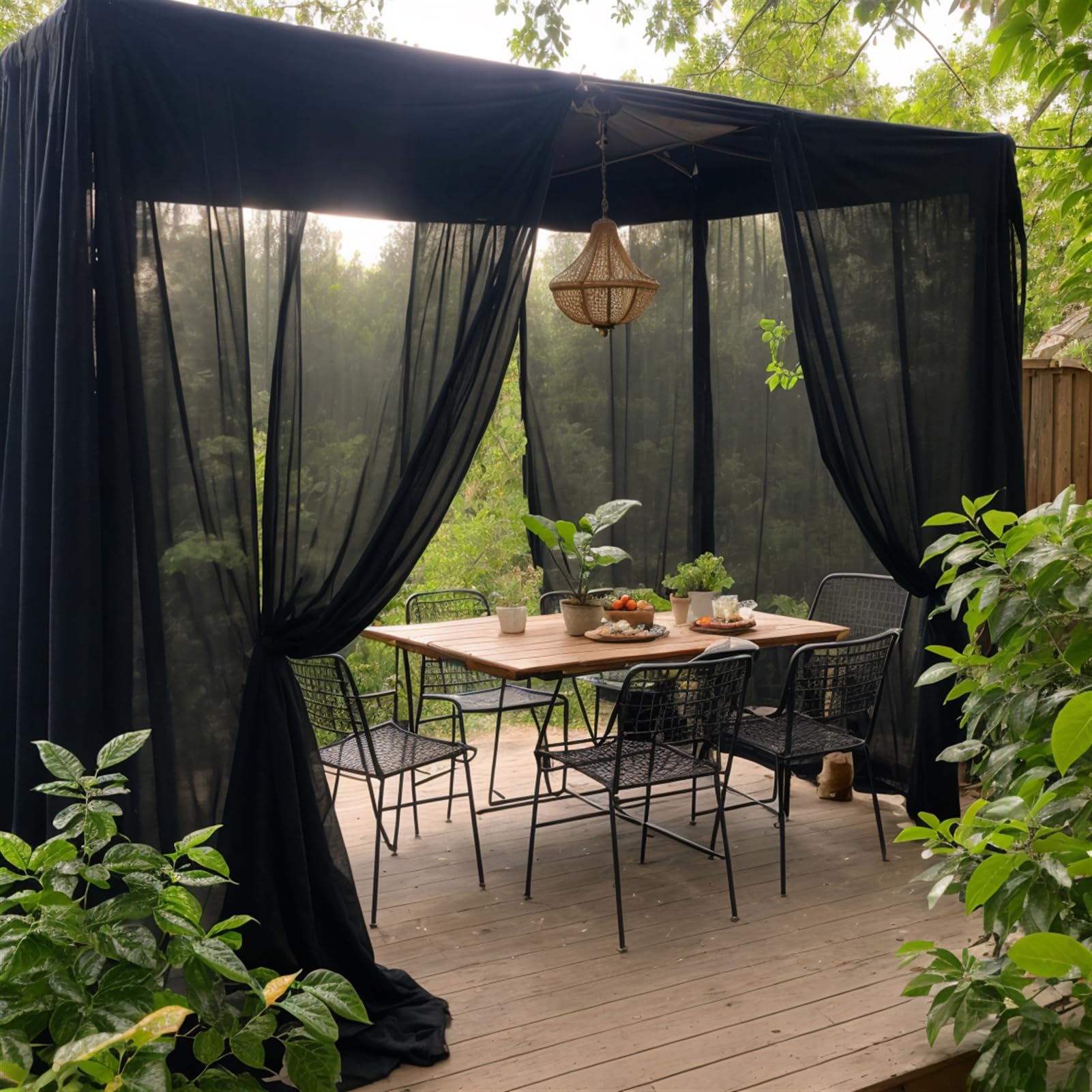SK Studio black outdoor sheer curtains on a porch offering airy privacy.
