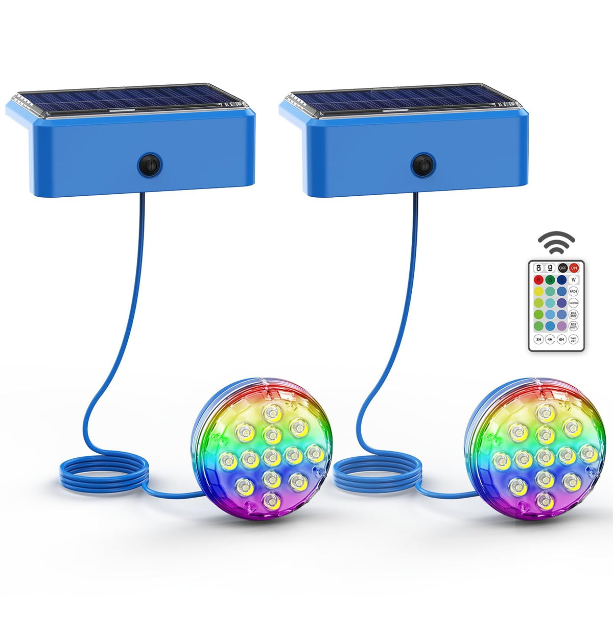 Skairipa solar pool lights glow blue for nighttime swimming.