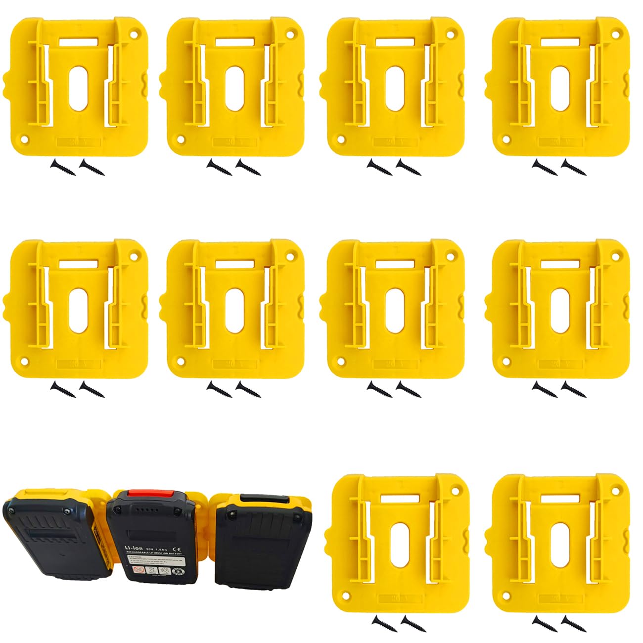 SKCMOX 10-pack battery holders for Dewalt 20V and 60V, organized tools.