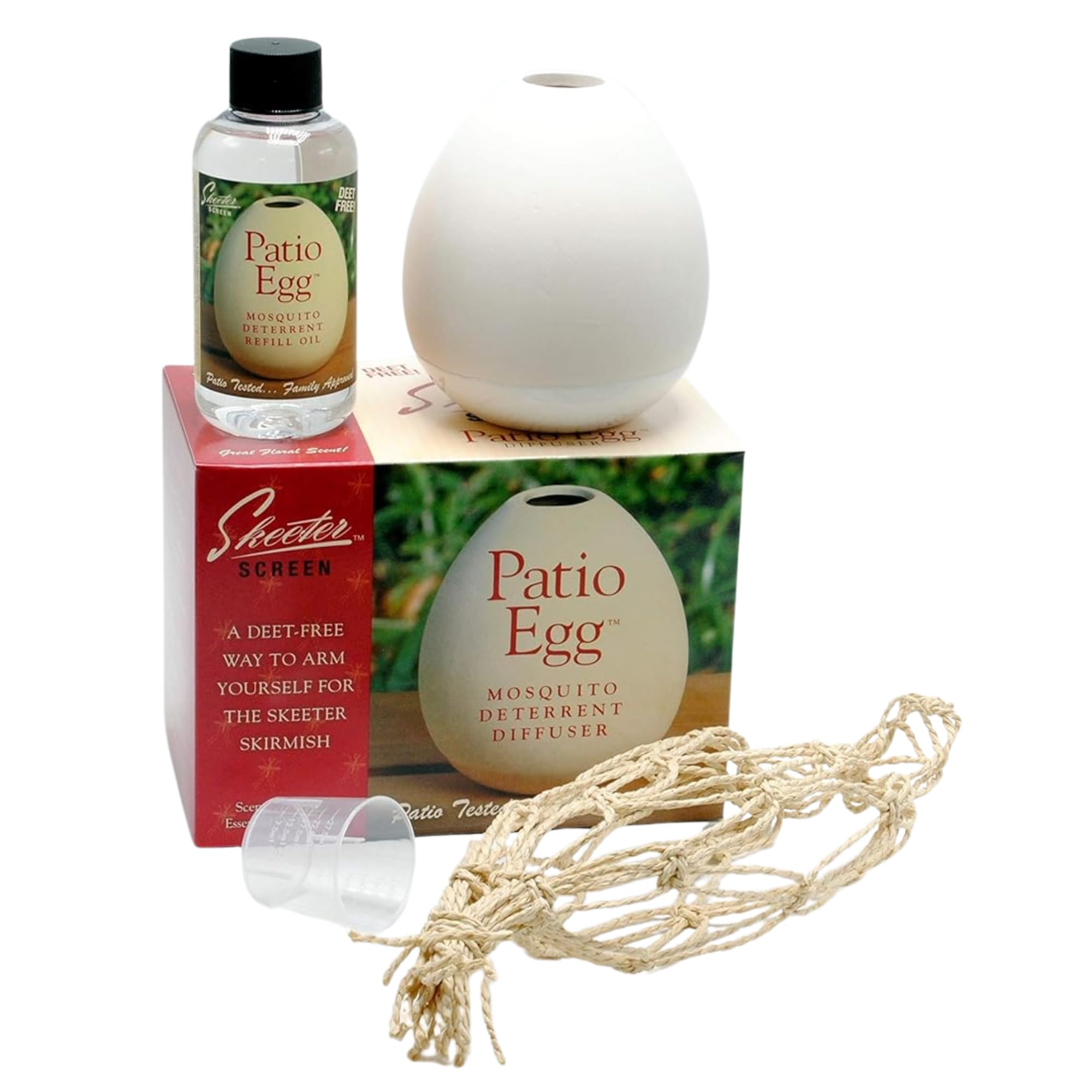 Skeeter Screen Patio Egg Diffuser on table for subtle outdoor fragrance