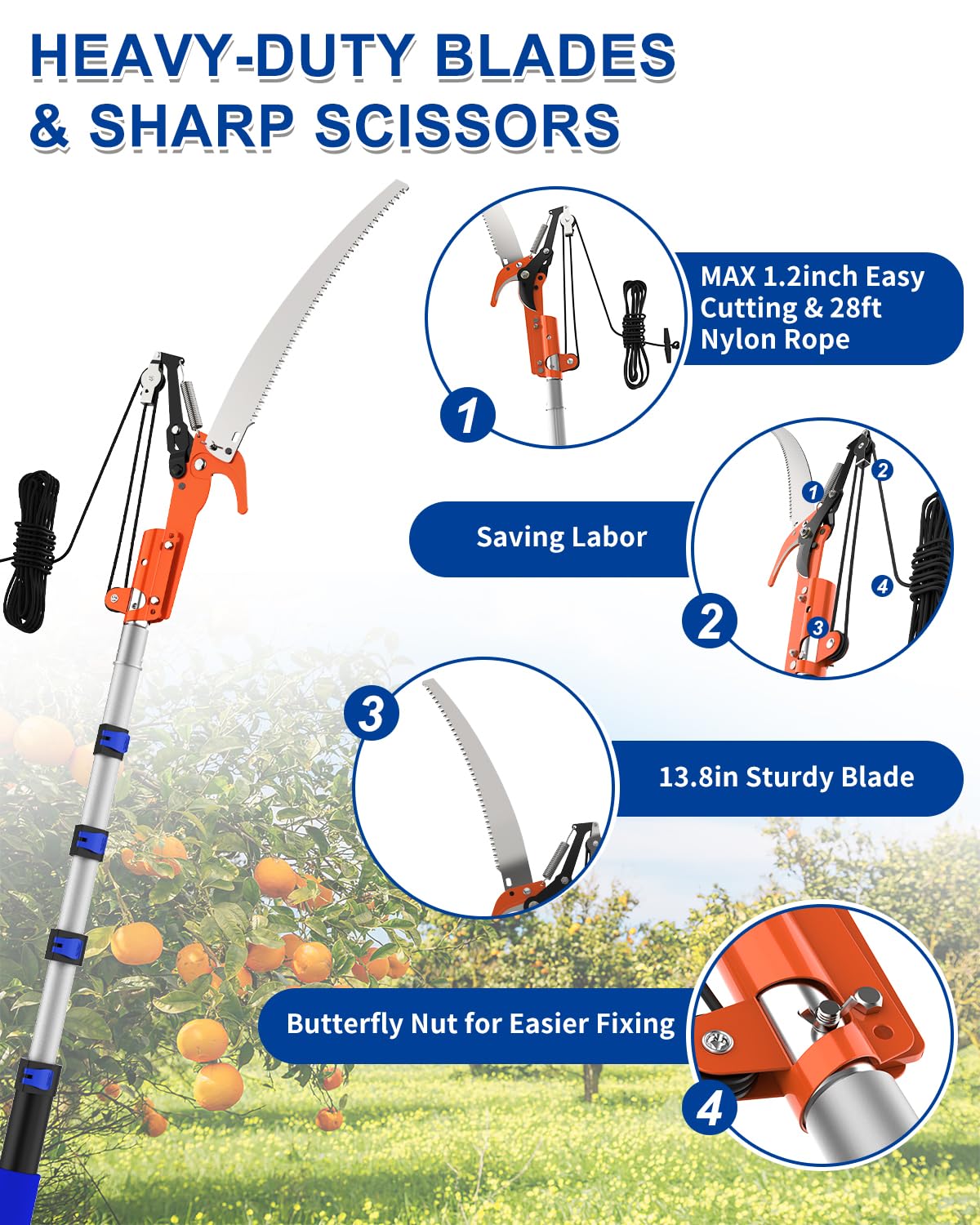 SKGPOLE 13.8-inch blade and scissors provide clean, precise cuts on branches.
