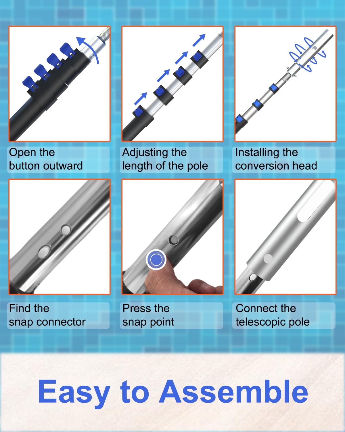 SKGPOLE compatible with skimmer nets, brushes, and vacuum heads for versatile cleaning.