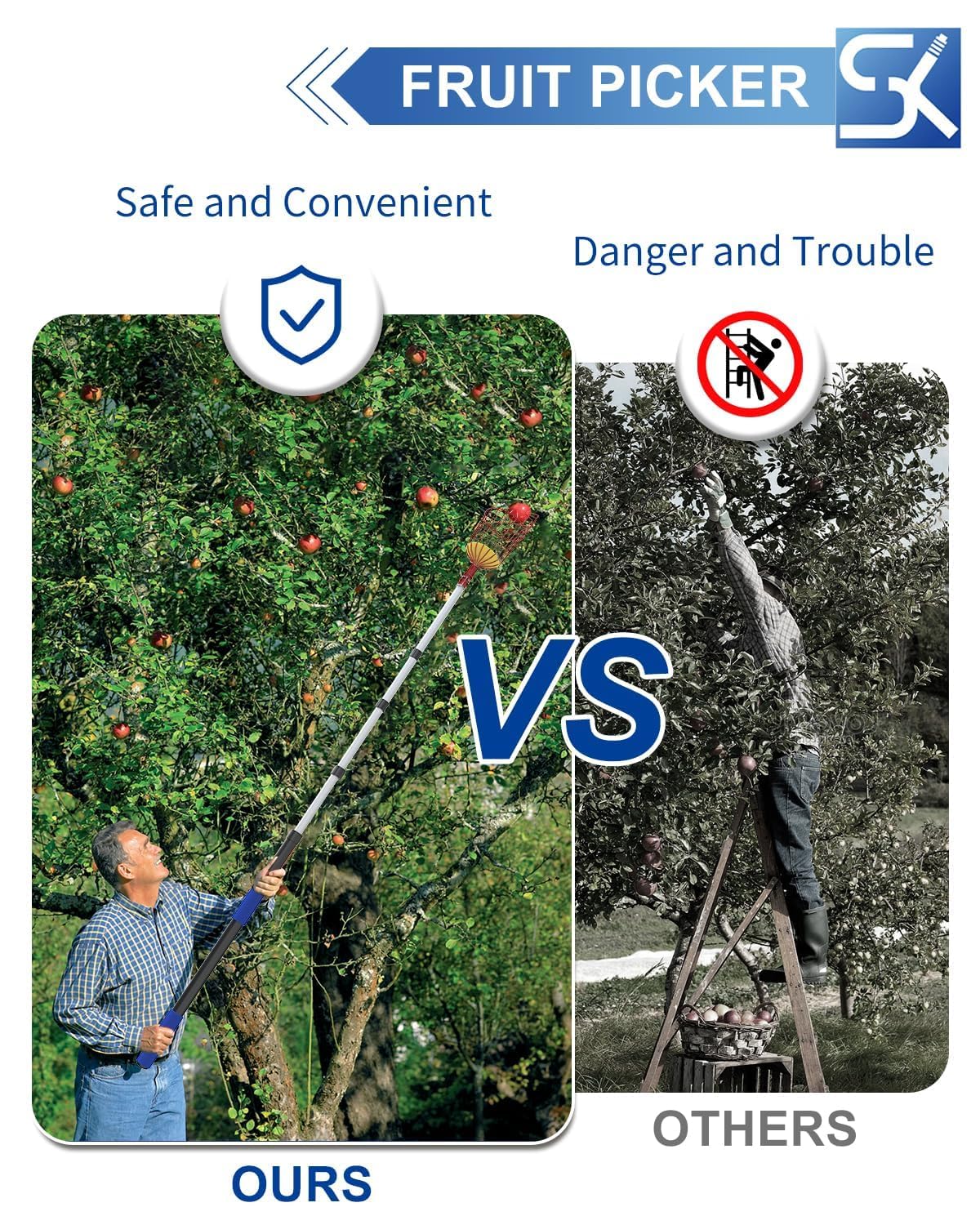 SKGPOLE aluminum telescoping pole shown for durability and lightness during harvest