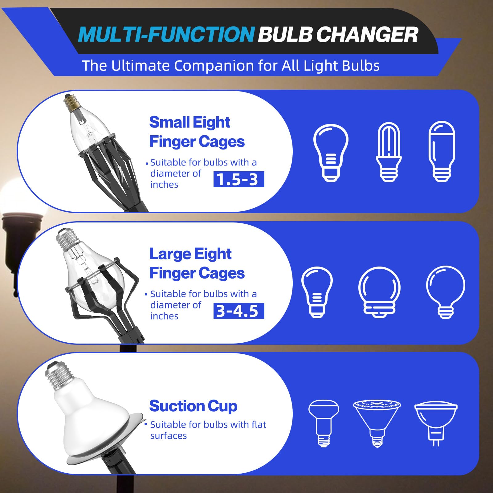 SKGPOLE eight-finger bulb cage provides secure, gentle grip.