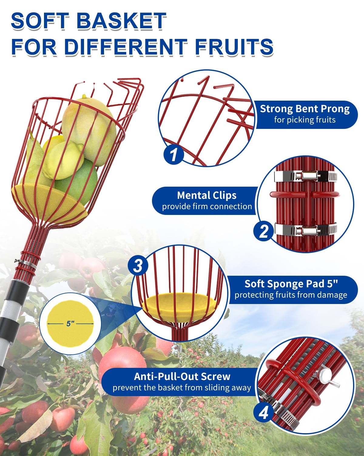 SKGPOLE fruit picker basket with foam pad cushions fruit during harvest.