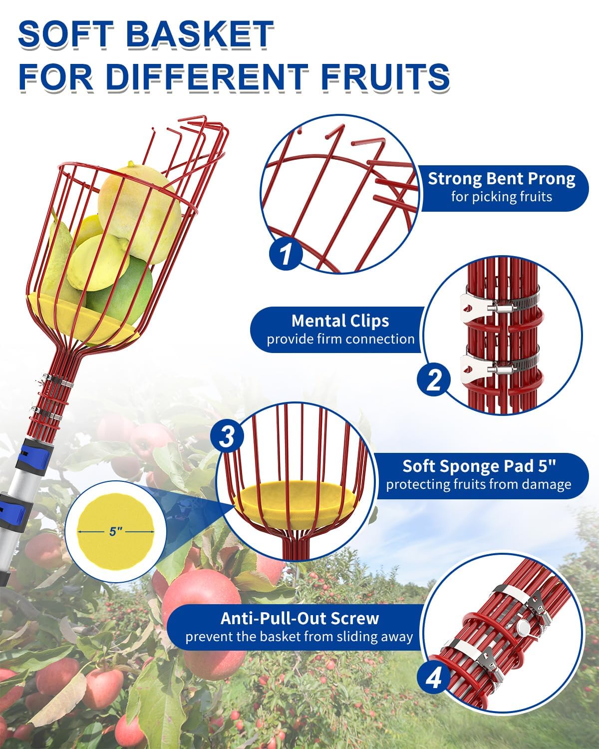 SKGPOLE metal twist-on basket attached to pole for secure fruit collection