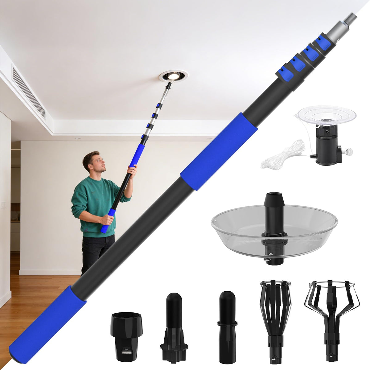 SKGPOLE telescopic pole assembly extends reach for high ceilings.
