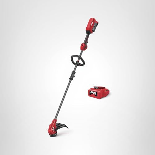 User trimming along a fence edge with SKIL cordless trimmer