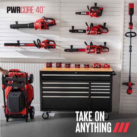 SKIL PWR CORE 40 cordless pole saw kit enables fast yard maintenance.